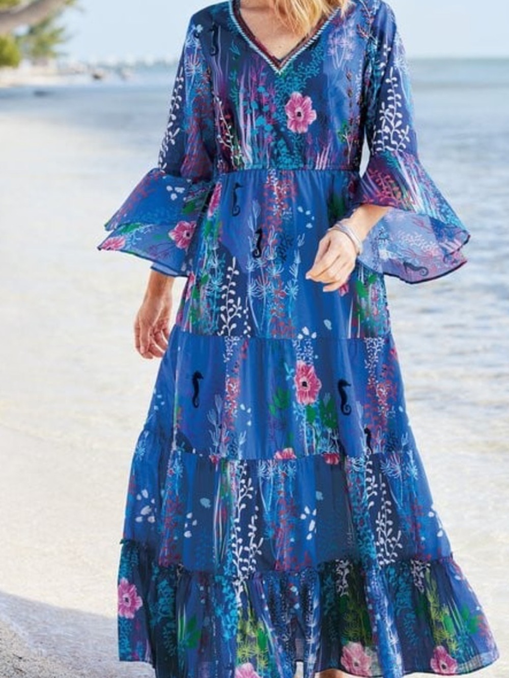 Soft Surroundings Marta Dress maxi beaded floral art to wear beachy boho size M - Picture 1 of 12